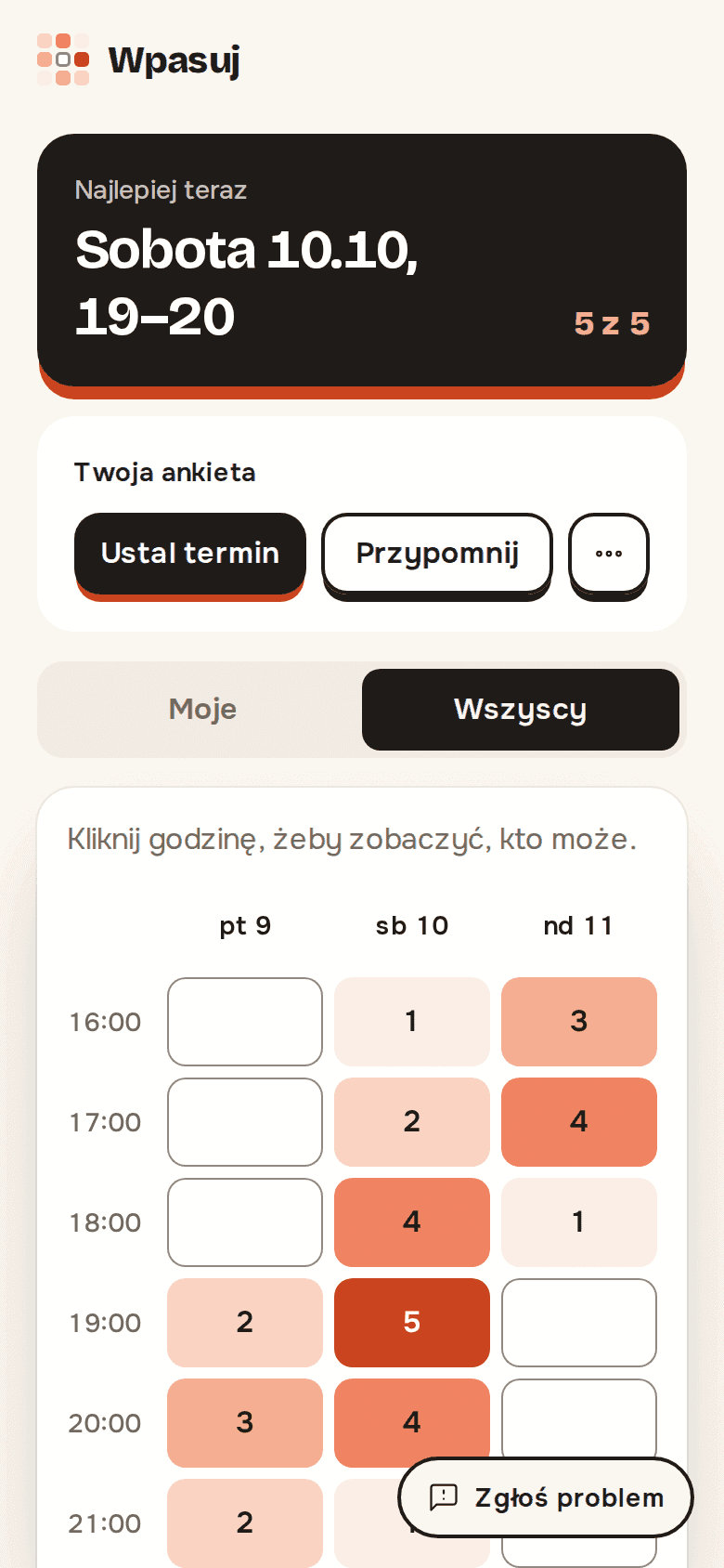 Karta Wszyscy we Wpasuj z najlepszym terminem i liczbą dostępnych osób w każdej godzinie